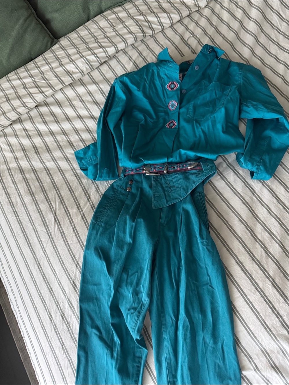 Teal Two-Piece Top and High-Waist Pants Set
